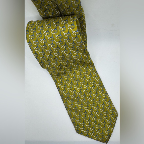 Brooks Brothers Makers 100% Silk Neck Tie Blue Geometric on Green 60"x4"EUC - Picture 1 of 5